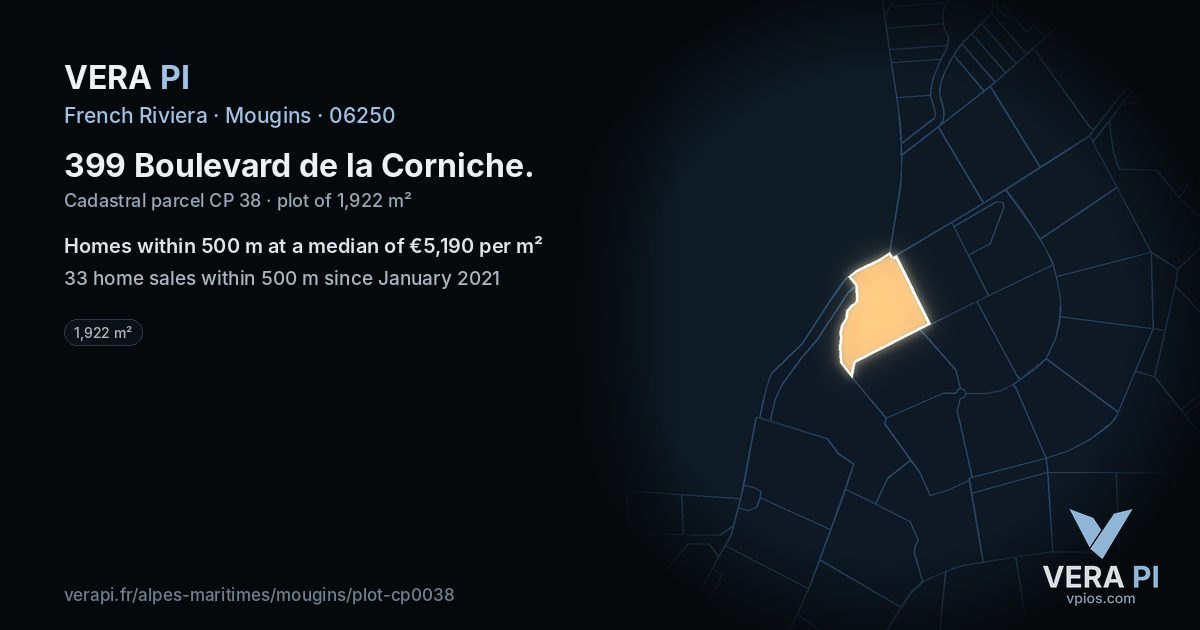 399 Boulevard de la Corniche, Mougins at night – the plot lit, the parcels around coloured by the prices near them