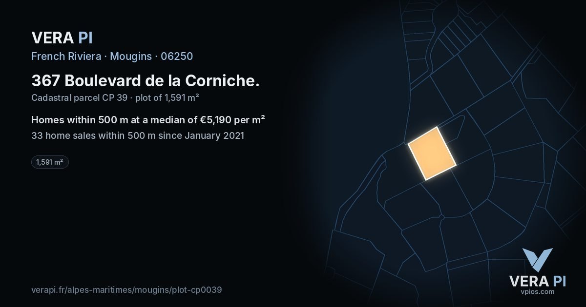 367 Boulevard de la Corniche, Mougins at night – the plot lit, the parcels around coloured by the prices near them