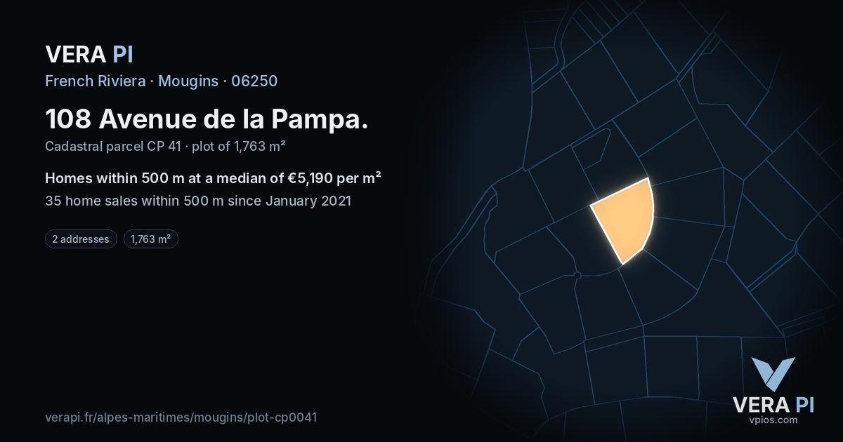 108 Avenue de la Pampa, Mougins at night – the plot lit, the parcels around coloured by the prices near them
