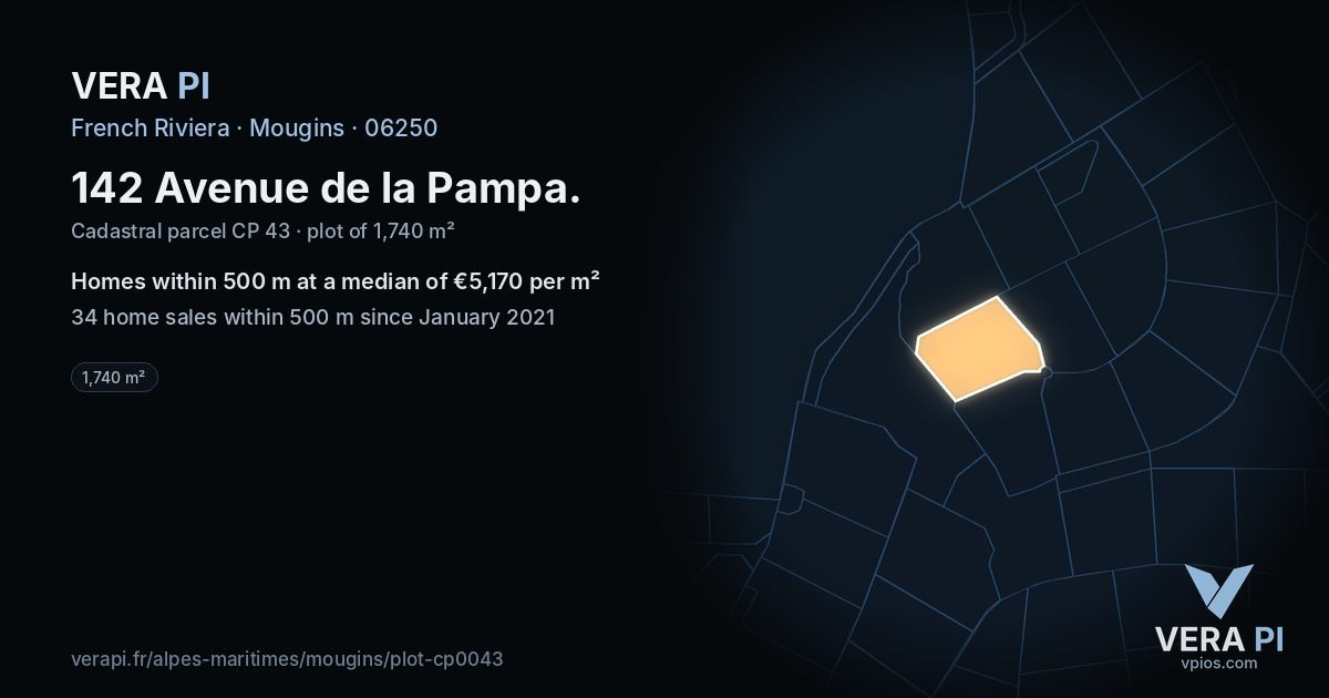 142 Avenue de la Pampa, Mougins at night – the plot lit, the parcels around coloured by the prices near them