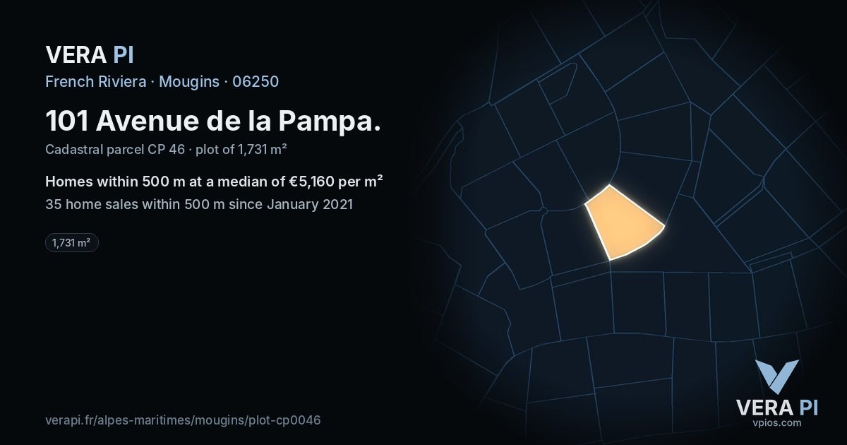 101 Avenue de la Pampa, Mougins at night – the plot lit, the parcels around coloured by the prices near them