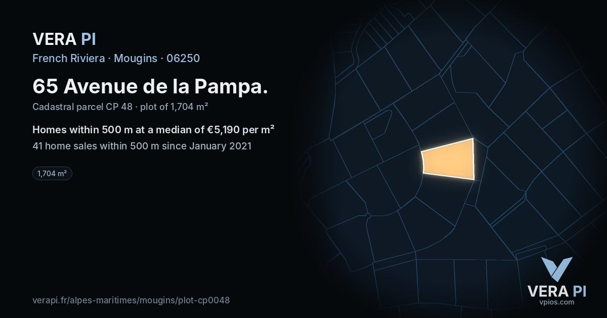 65 Avenue de la Pampa, Mougins at night – the plot lit, the parcels around coloured by the prices near them