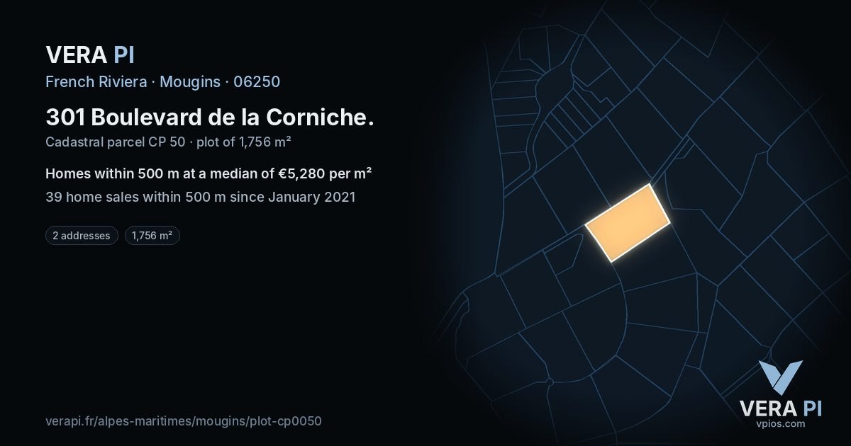 301 Boulevard de la Corniche, Mougins at night – the plot lit, the parcels around coloured by the prices near them