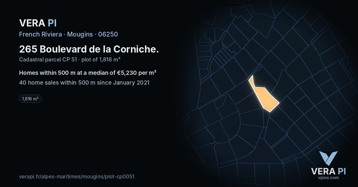 265 Boulevard de la Corniche, Mougins at night – the plot lit, the parcels around coloured by the prices near them