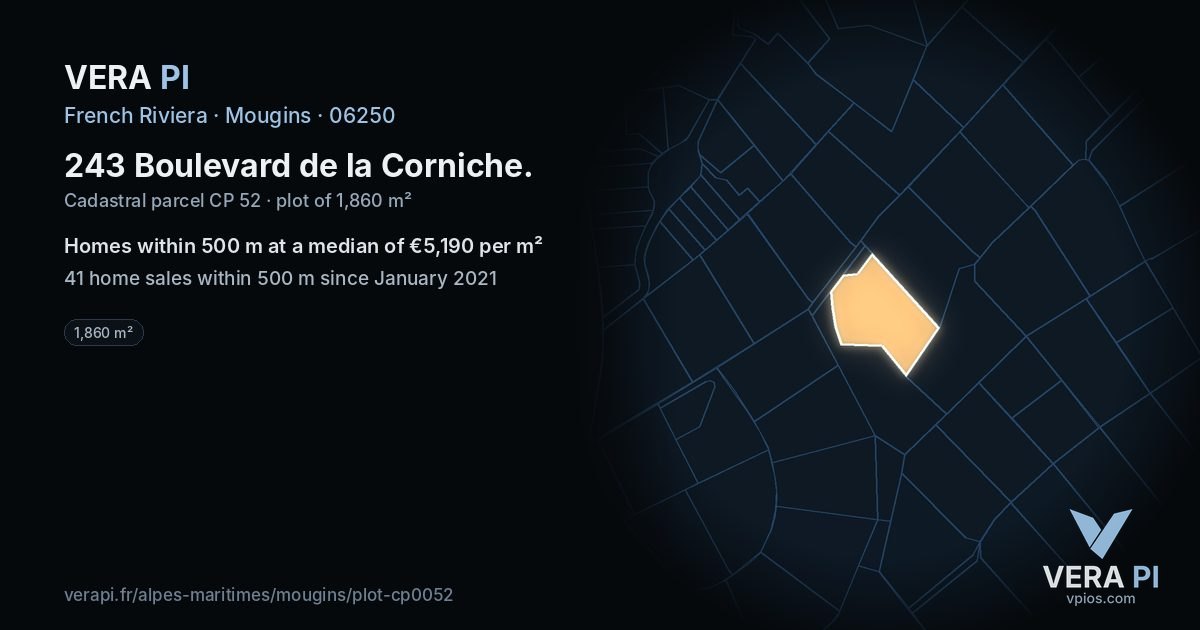 243 Boulevard de la Corniche, Mougins at night – the plot lit, the parcels around coloured by the prices near them