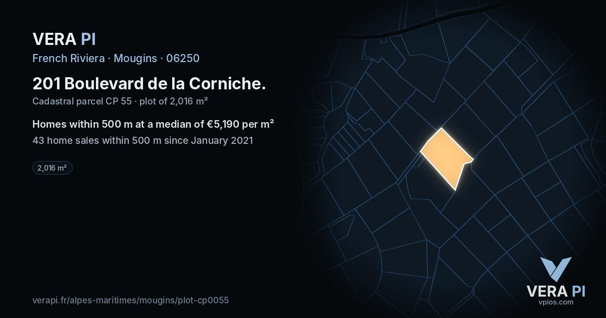 201 Boulevard de la Corniche, Mougins at night – the plot lit, the parcels around coloured by the prices near them