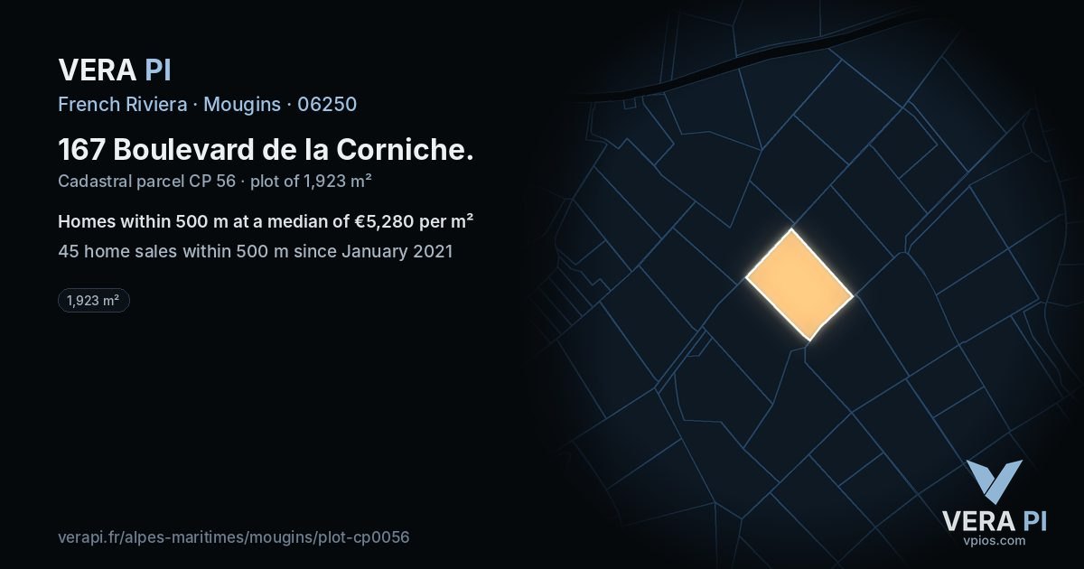 167 Boulevard de la Corniche, Mougins at night – the plot lit, the parcels around coloured by the prices near them