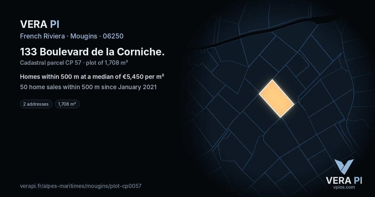 133 Boulevard de la Corniche, Mougins at night – the plot lit, the parcels around coloured by the prices near them