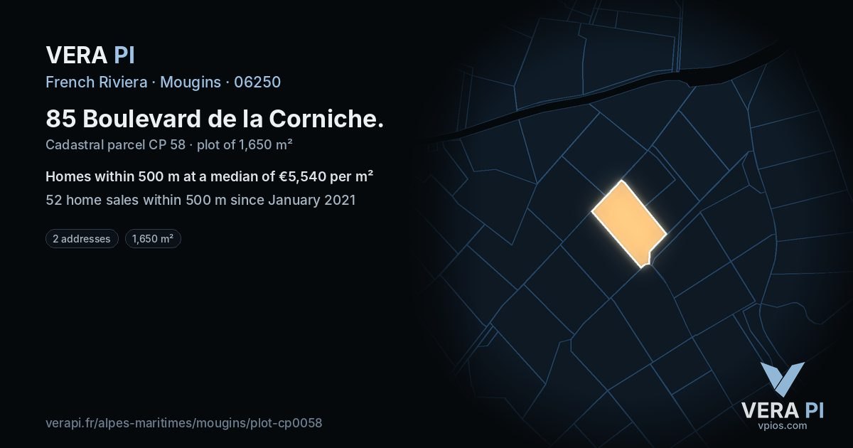 85 Boulevard de la Corniche, Mougins at night – the plot lit, the parcels around coloured by the prices near them