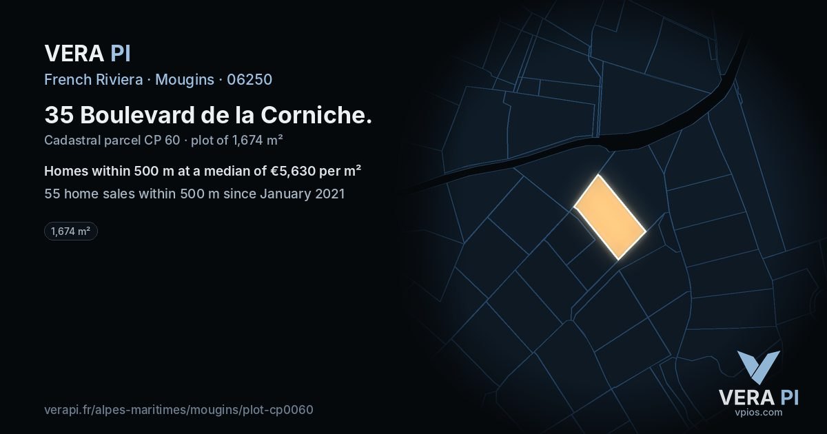 35 Boulevard de la Corniche, Mougins at night – the plot lit, the parcels around coloured by the prices near them