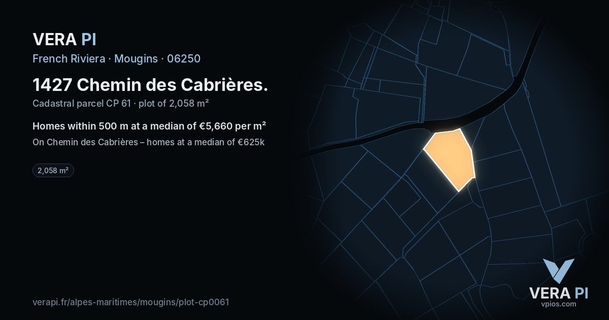 1427 Chemin des Cabrières, Mougins at night – the plot lit, the parcels around coloured by the prices near them
