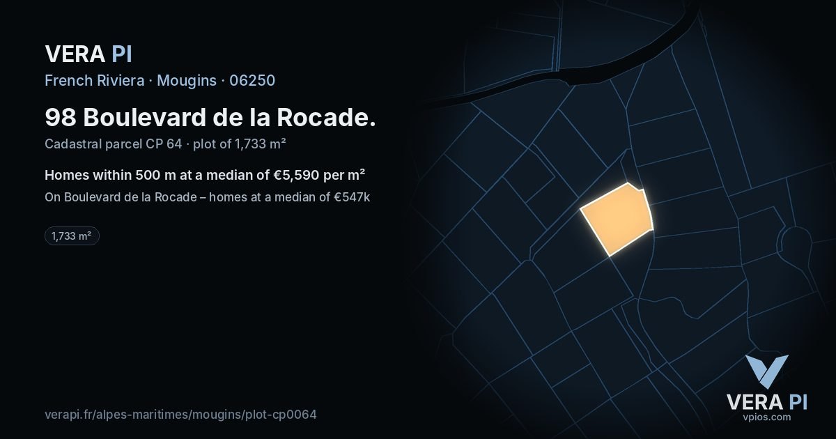 98 Boulevard de la Rocade, Mougins at night – the plot lit, the parcels around coloured by the prices near them