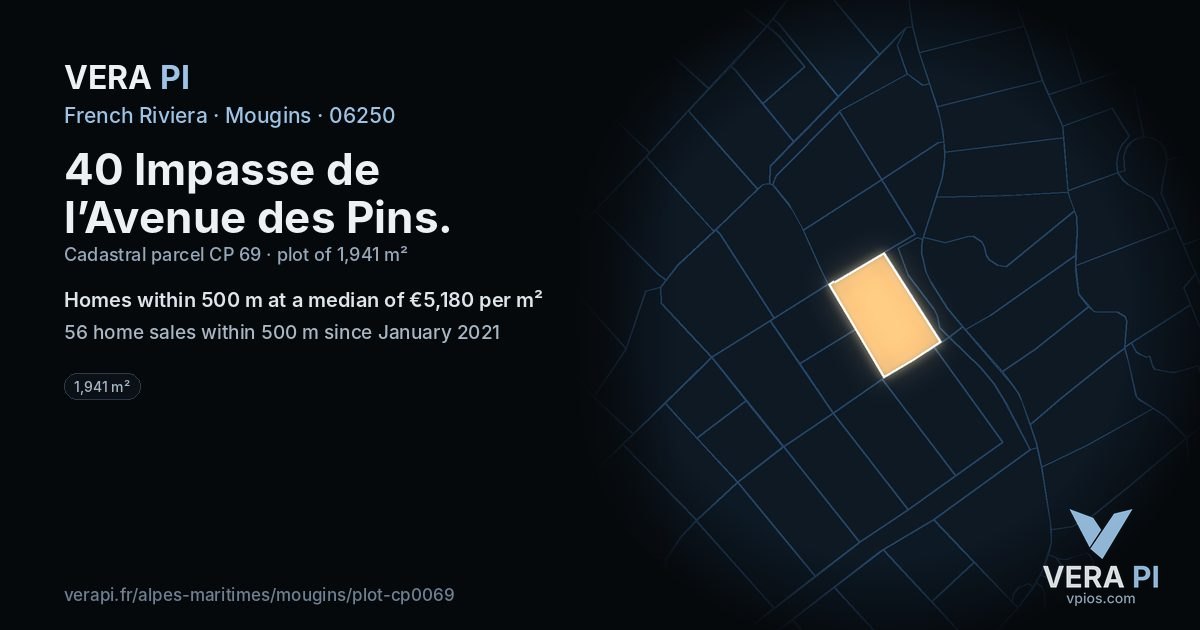 40 Impasse de l’Avenue des Pins, Mougins at night – the plot lit, the parcels around coloured by the prices near them