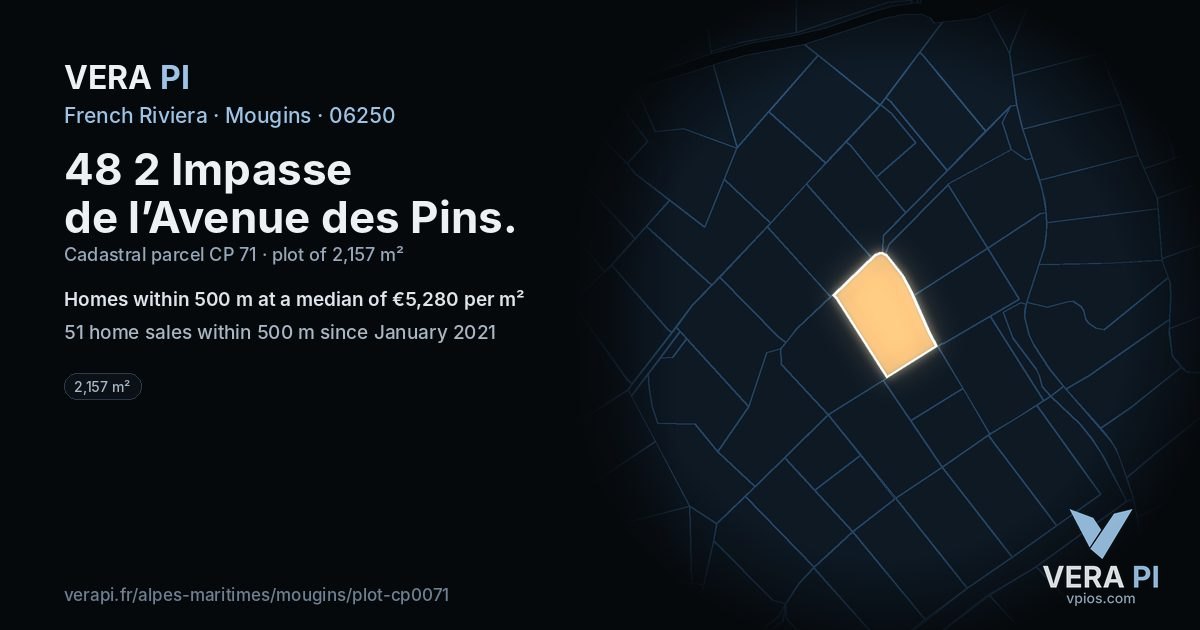 48 2 Impasse de l’Avenue des Pins, Mougins at night – the plot lit, the parcels around coloured by the prices near them