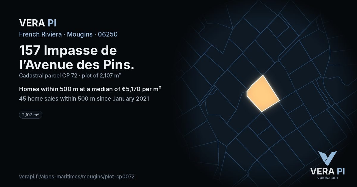 157 Impasse de l’Avenue des Pins, Mougins at night – the plot lit, the parcels around coloured by the prices near them