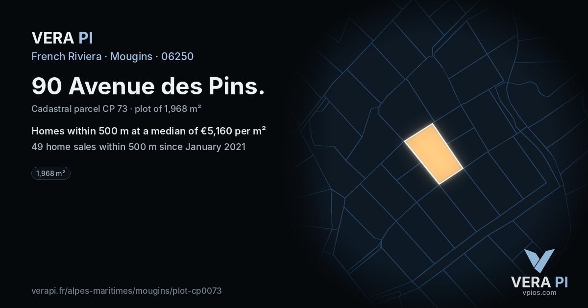 90 Avenue des Pins, Mougins at night – the plot lit, the parcels around coloured by the prices near them