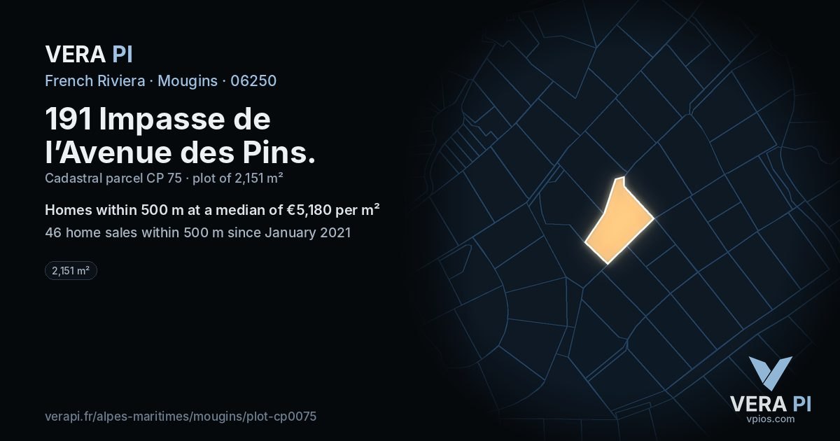 191 Impasse de l’Avenue des Pins, Mougins at night – the plot lit, the parcels around coloured by the prices near them