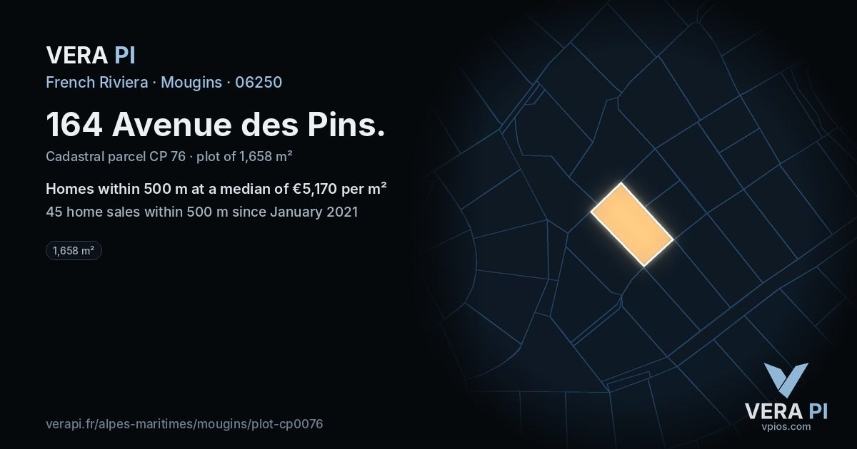 164 Avenue des Pins, Mougins at night – the plot lit, the parcels around coloured by the prices near them