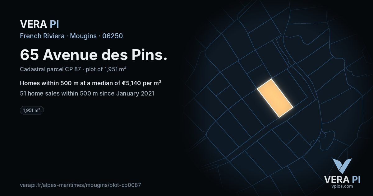 65 Avenue des Pins, Mougins at night – the plot lit, the parcels around coloured by the prices near them