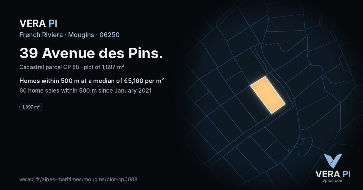 39 Avenue des Pins, Mougins at night – the plot lit, the parcels around coloured by the prices near them