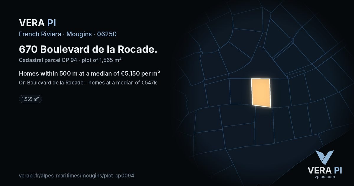 670 Boulevard de la Rocade, Mougins at night – the plot lit, the parcels around coloured by the prices near them