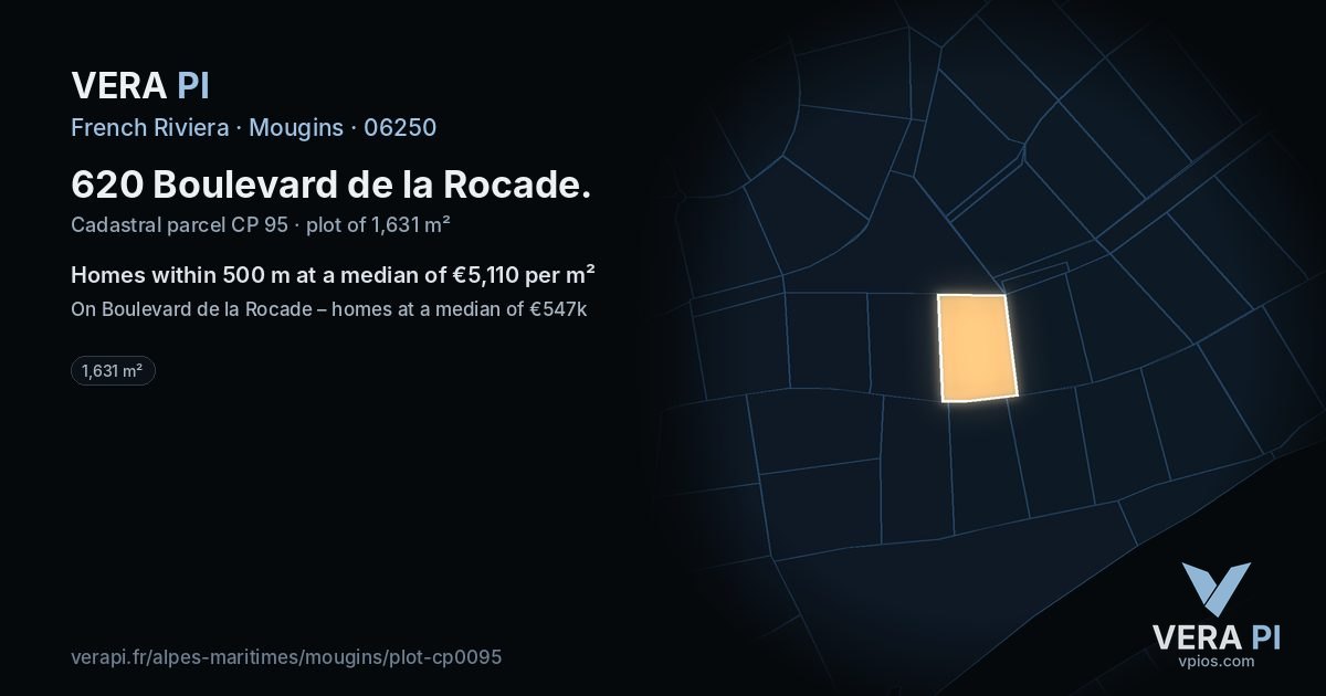 620 Boulevard de la Rocade, Mougins at night – the plot lit, the parcels around coloured by the prices near them