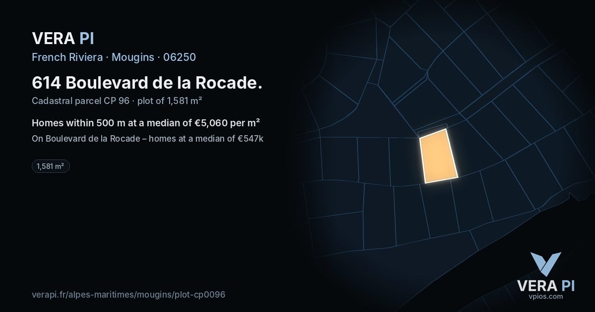 614 Boulevard de la Rocade, Mougins at night – the plot lit, the parcels around coloured by the prices near them
