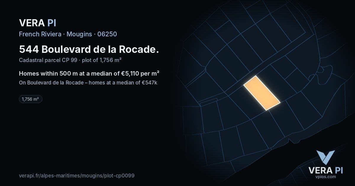 544 Boulevard de la Rocade, Mougins at night – the plot lit, the parcels around coloured by the prices near them