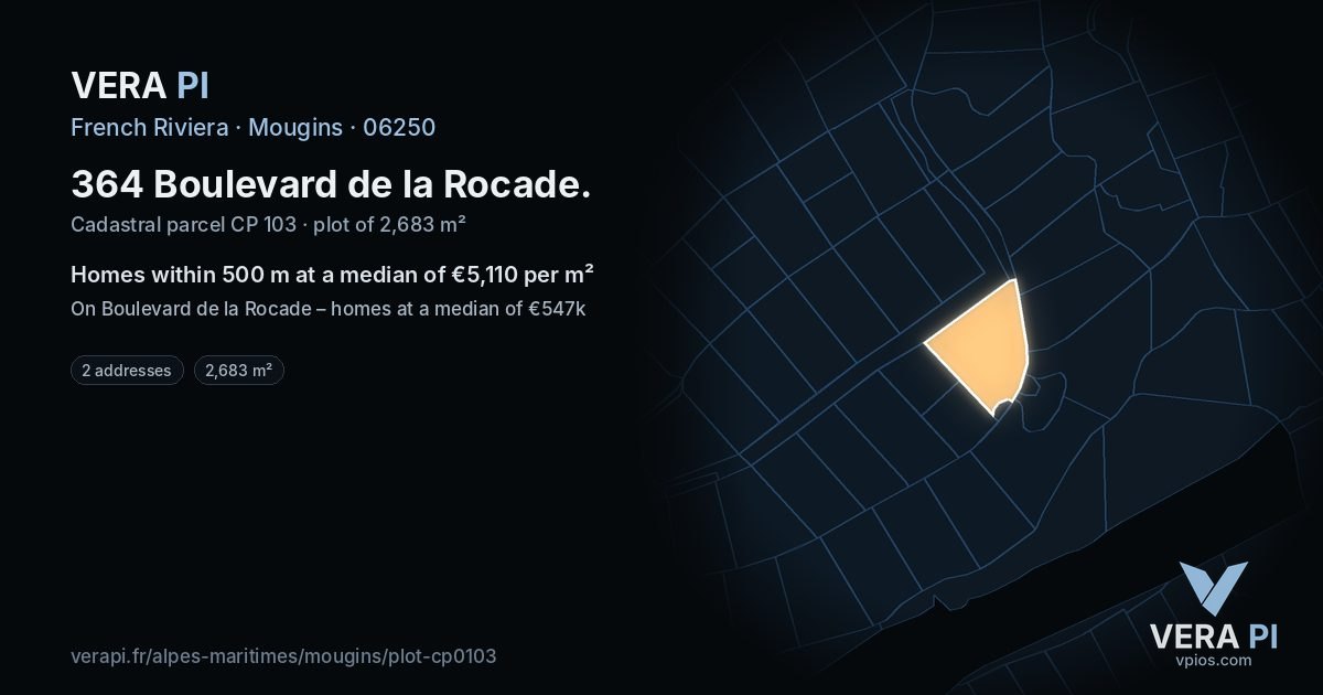 364 Boulevard de la Rocade, Mougins at night – the plot lit, the parcels around coloured by the prices near them