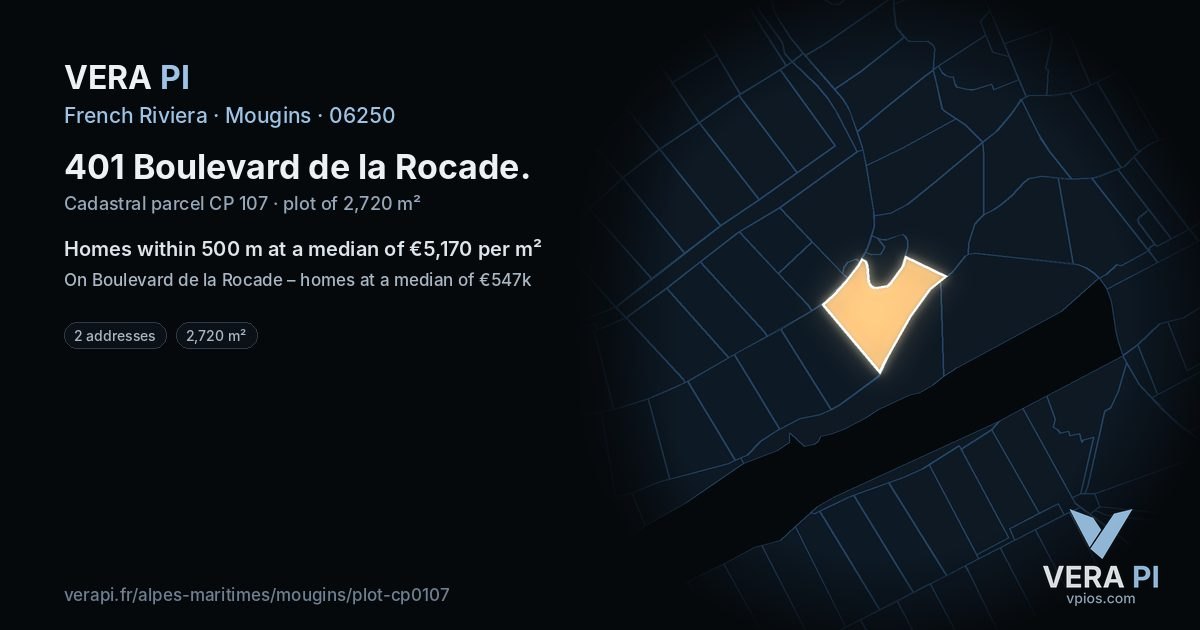 401 Boulevard de la Rocade, Mougins at night – the plot lit, the parcels around coloured by the prices near them