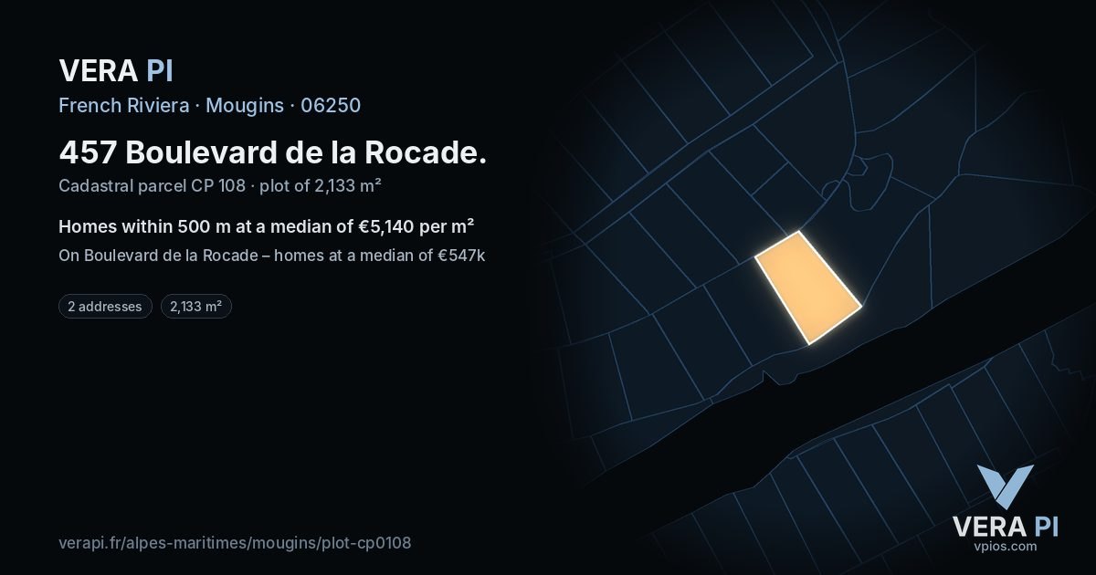 457 Boulevard de la Rocade, Mougins at night – the plot lit, the parcels around coloured by the prices near them