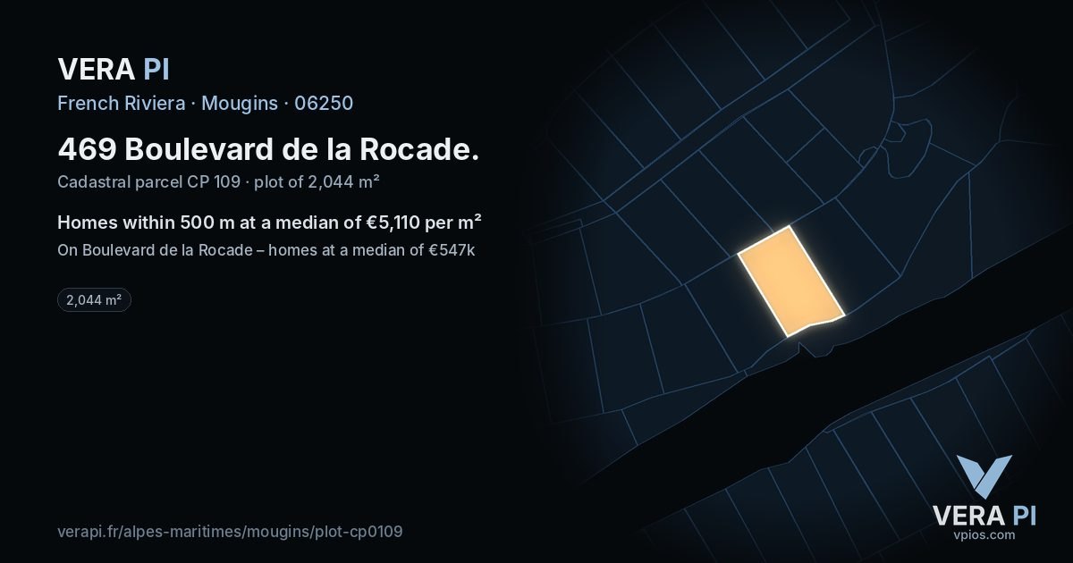 469 Boulevard de la Rocade, Mougins at night – the plot lit, the parcels around coloured by the prices near them