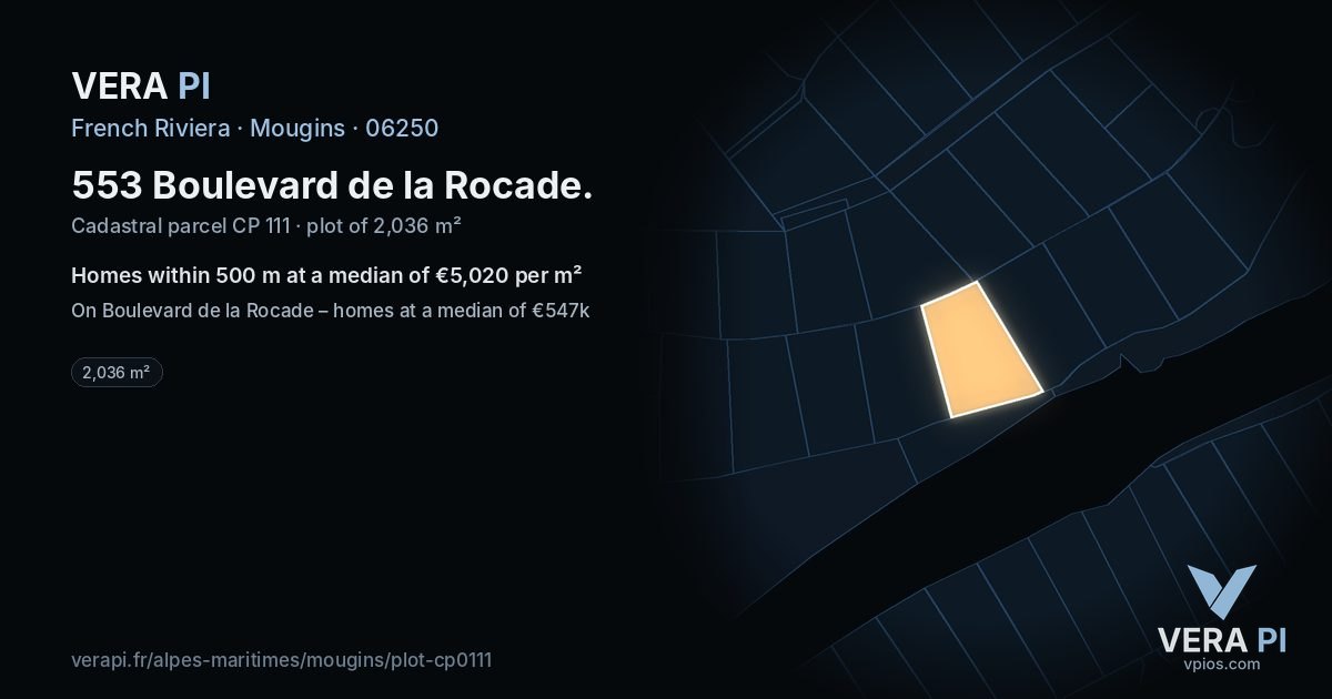 553 Boulevard de la Rocade, Mougins at night – the plot lit, the parcels around coloured by the prices near them