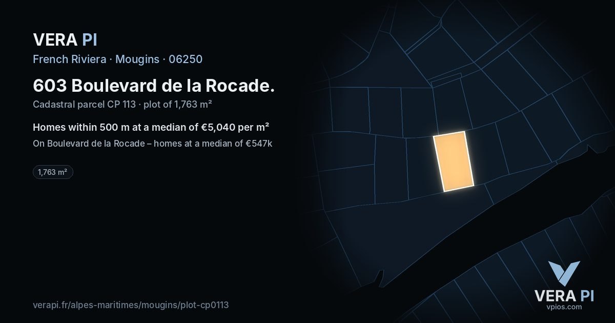 603 Boulevard de la Rocade, Mougins at night – the plot lit, the parcels around coloured by the prices near them