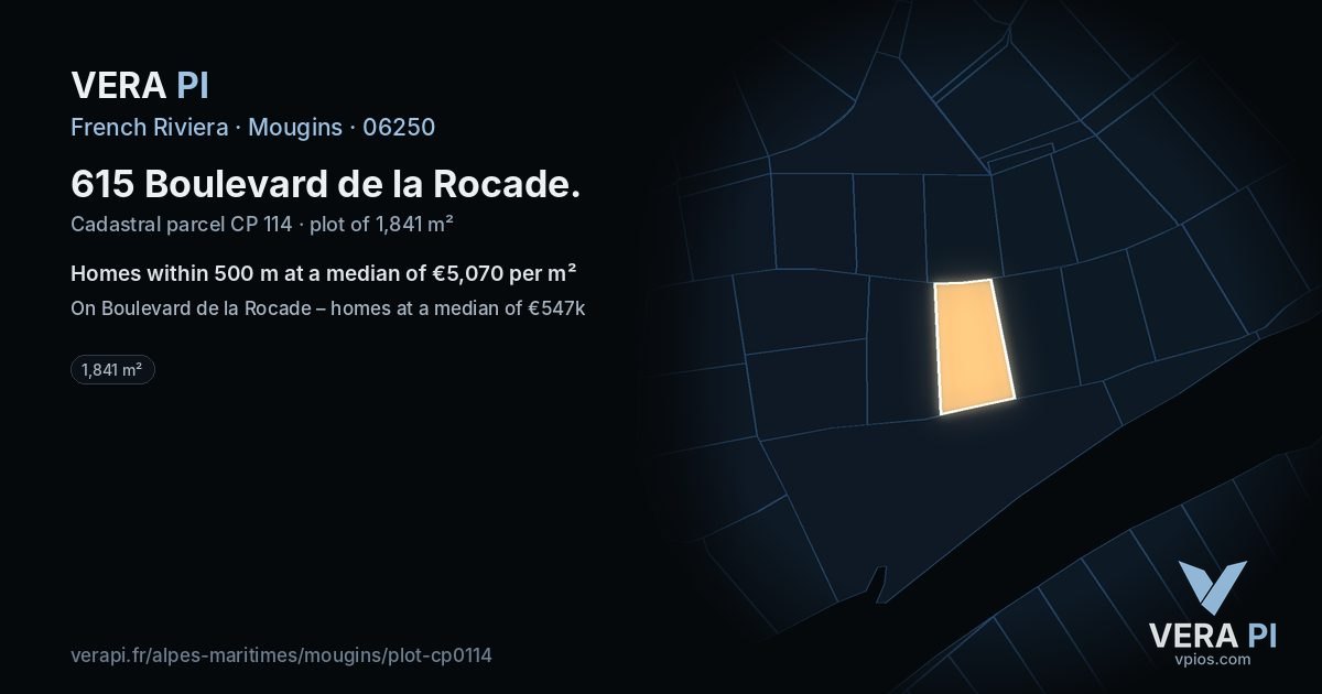 615 Boulevard de la Rocade, Mougins at night – the plot lit, the parcels around coloured by the prices near them