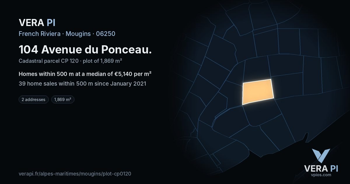 104 Avenue du Ponceau, Mougins at night – the plot lit, the parcels around coloured by the prices near them