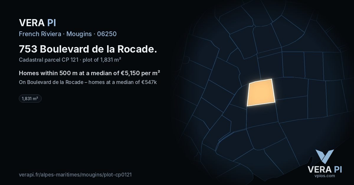 753 Boulevard de la Rocade, Mougins at night – the plot lit, the parcels around coloured by the prices near them