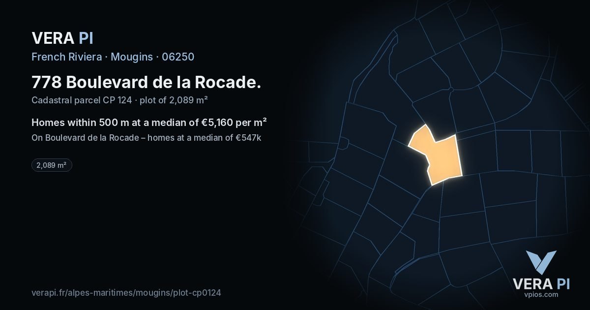 778 Boulevard de la Rocade, Mougins at night – the plot lit, the parcels around coloured by the prices near them