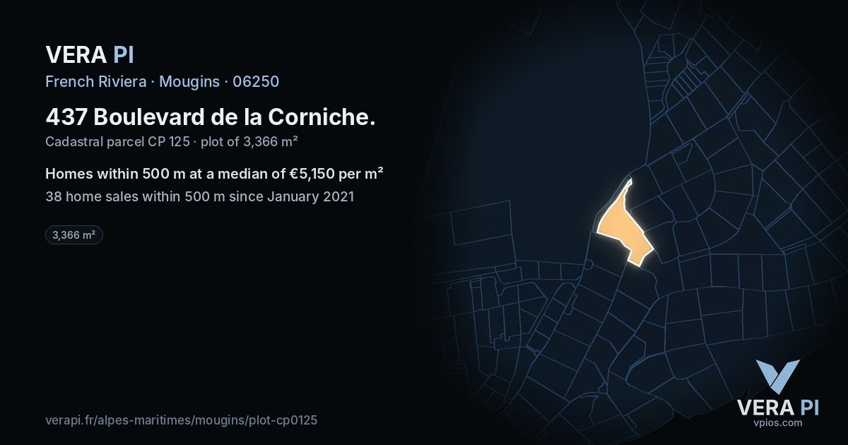 437 Boulevard de la Corniche, Mougins at night – the plot lit, the parcels around coloured by the prices near them