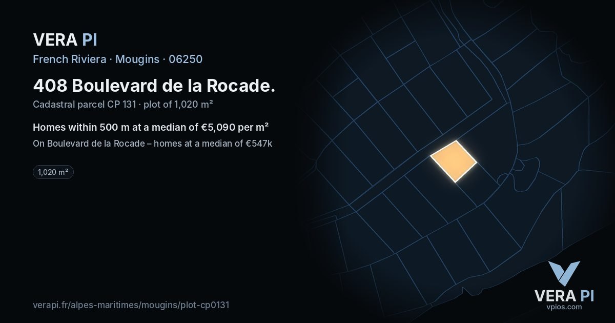 408 Boulevard de la Rocade, Mougins at night – the plot lit, the parcels around coloured by the prices near them