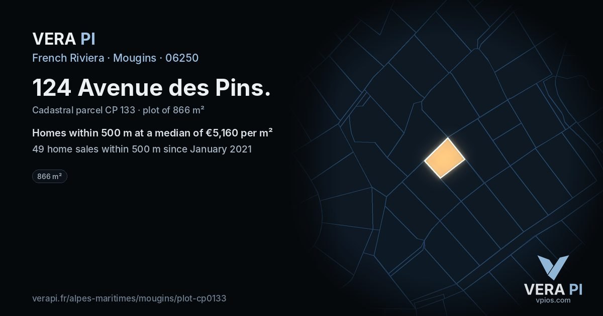 124 Avenue des Pins, Mougins at night – the plot lit, the parcels around coloured by the prices near them