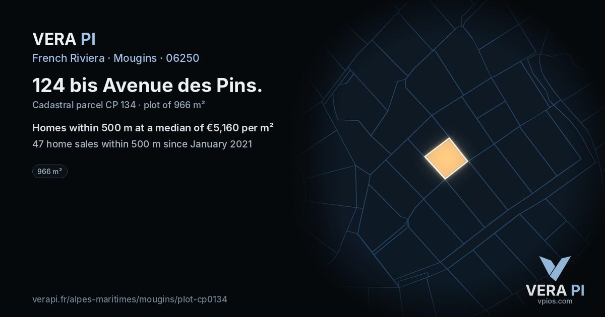124 bis Avenue des Pins, Mougins at night – the plot lit, the parcels around coloured by the prices near them