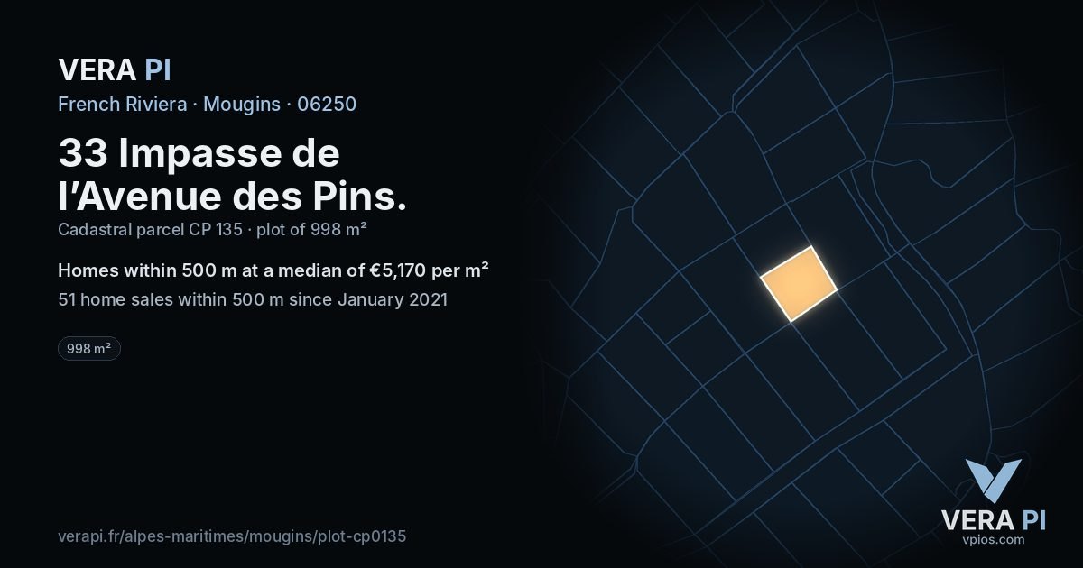 33 Impasse de l’Avenue des Pins, Mougins at night – the plot lit, the parcels around coloured by the prices near them