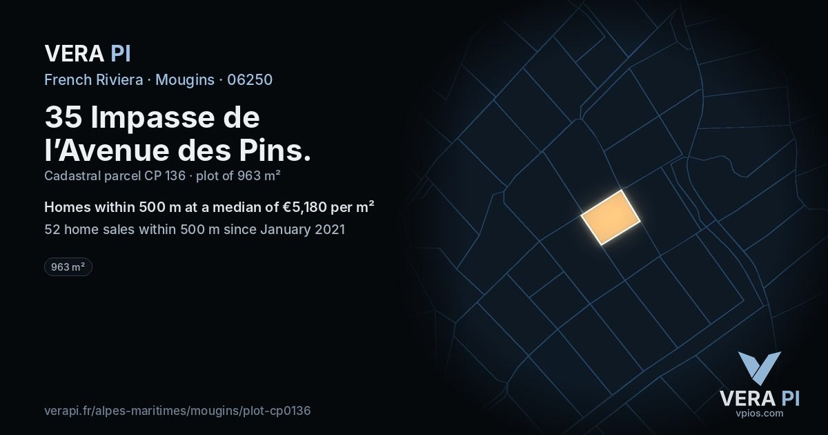 35 Impasse de l’Avenue des Pins, Mougins at night – the plot lit, the parcels around coloured by the prices near them
