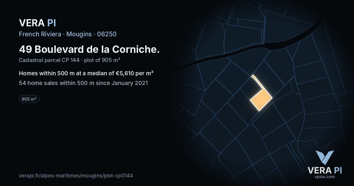 49 Boulevard de la Corniche, Mougins at night – the plot lit, the parcels around coloured by the prices near them