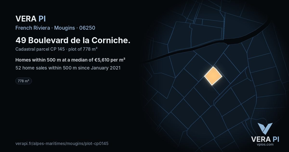 49 Boulevard de la Corniche, Mougins at night – the plot lit, the parcels around coloured by the prices near them