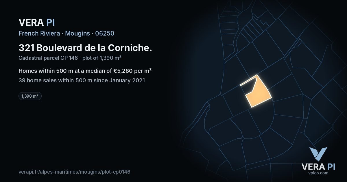 321 Boulevard de la Corniche, Mougins at night – the plot lit, the parcels around coloured by the prices near them
