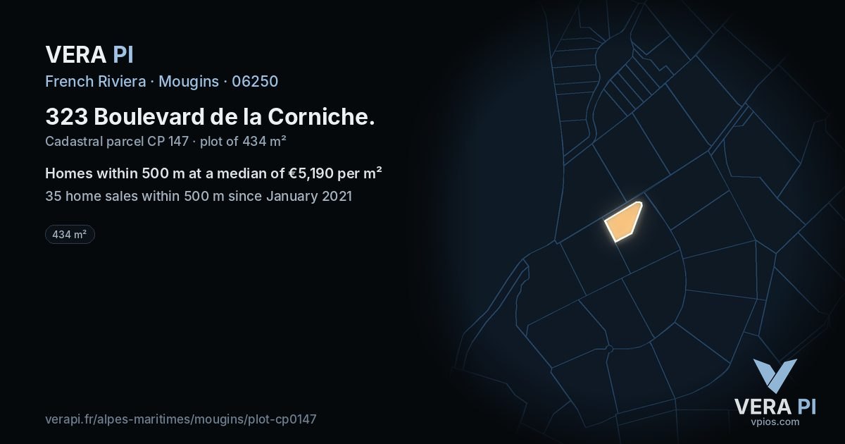 323 Boulevard de la Corniche, Mougins at night – the plot lit, the parcels around coloured by the prices near them