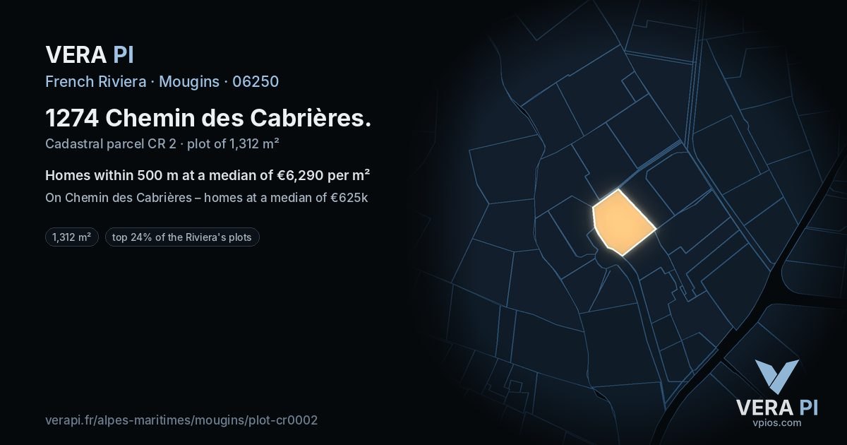 1274 Chemin des Cabrières, Mougins at night – the plot lit, the parcels around coloured by the prices near them