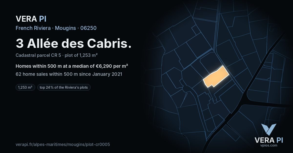 3 Allée des Cabris, Mougins at night – the plot lit, the parcels around coloured by the prices near them